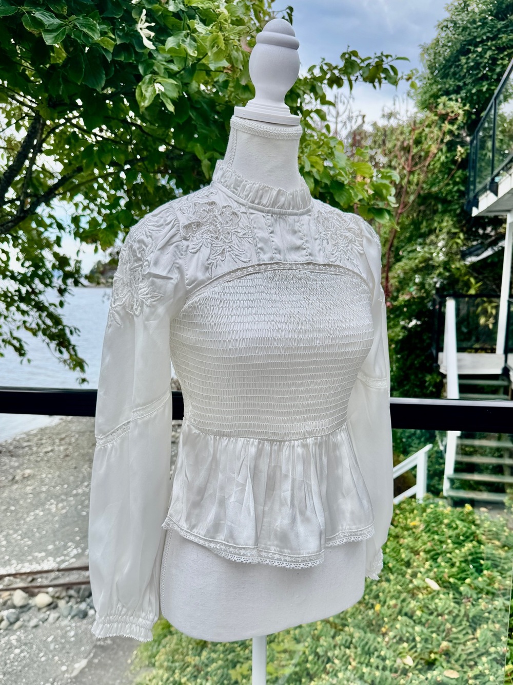 Urban Outfitters Ivory Satin Long Sleeved Ruched High Neck Too Blouse